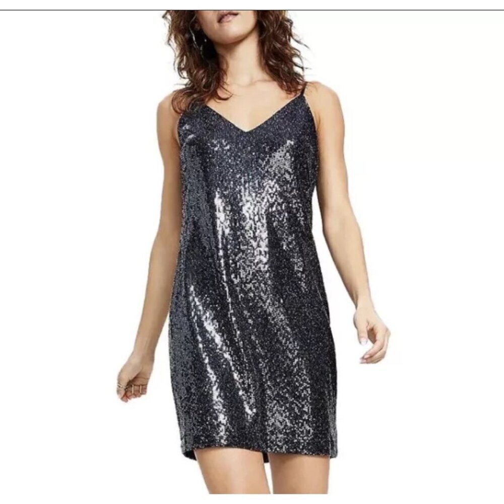 Bar III Sequin Mini Slip Dress Size M Black Metallic‎ Dance
